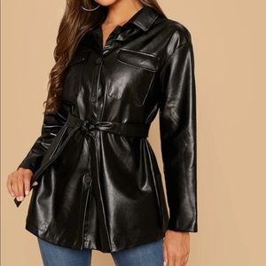 Faux leather belted jacket